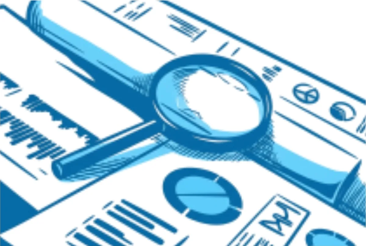 Etched blue illustration of a magnifying glass examining documents and reports